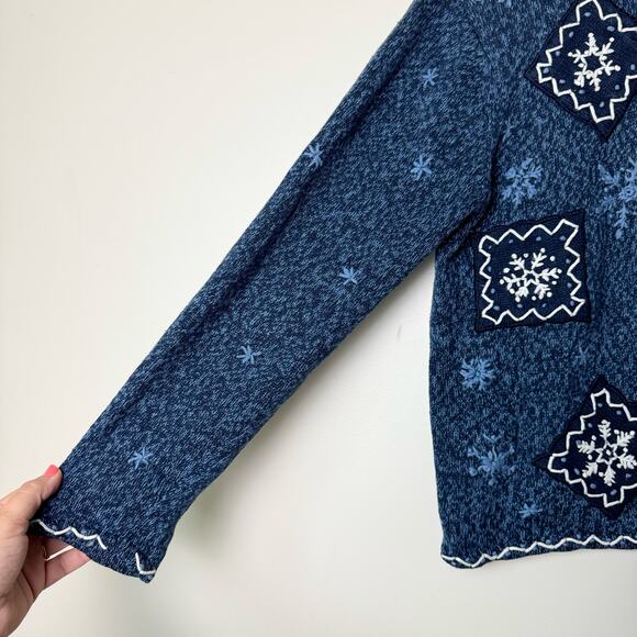 Erika blue white embroidered snowflake winter button front cardigan Petite Large - Picture 4 of 5